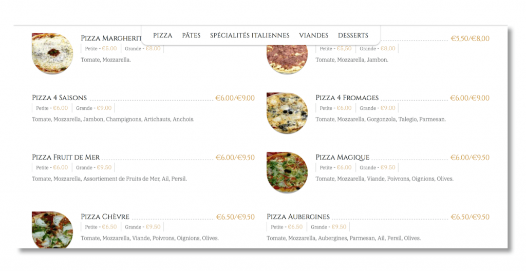 menu magique pizza